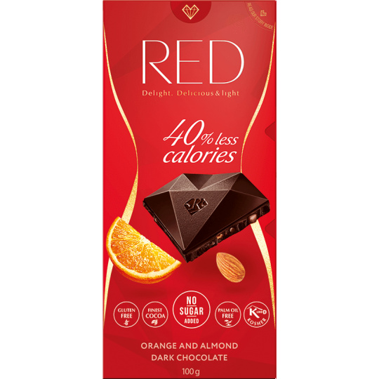 Red Delight horká čokoláda s mandľami a pomarančom 100 g